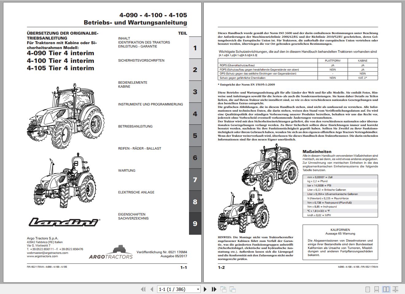 Landini Tractor 4 090 4 100 4 105 Operators Maintenance Manual 6521176M4 DE 1
