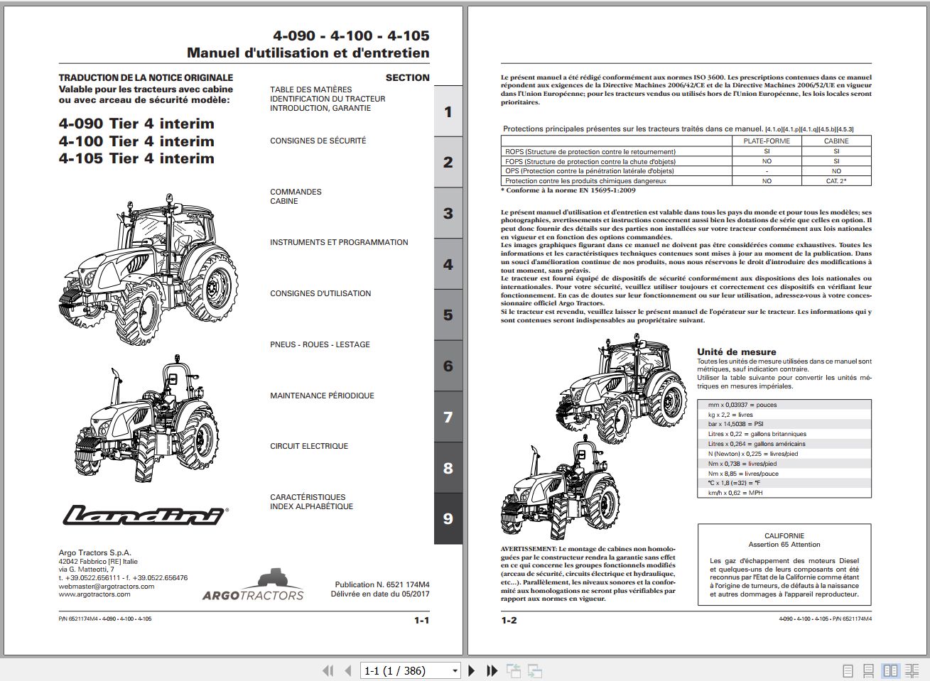 Landini Tractor 4 090 4 100 4 105 Tier 4 Operators Maintenance Manual 6521174M4 FR 1