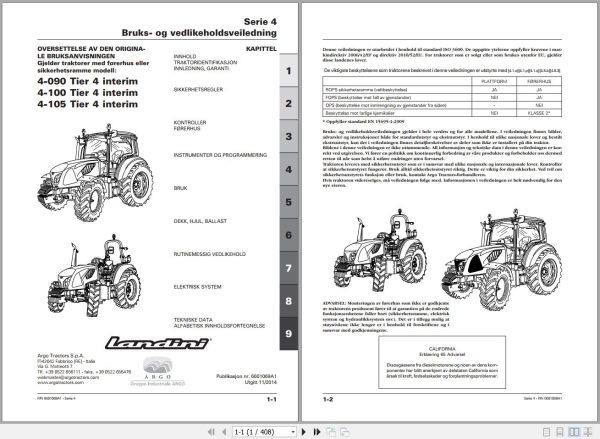 Landini Tractor 4 090 4 100 4 105 Tier4 Operators Maintenance Manual 6601069A1 NO 1