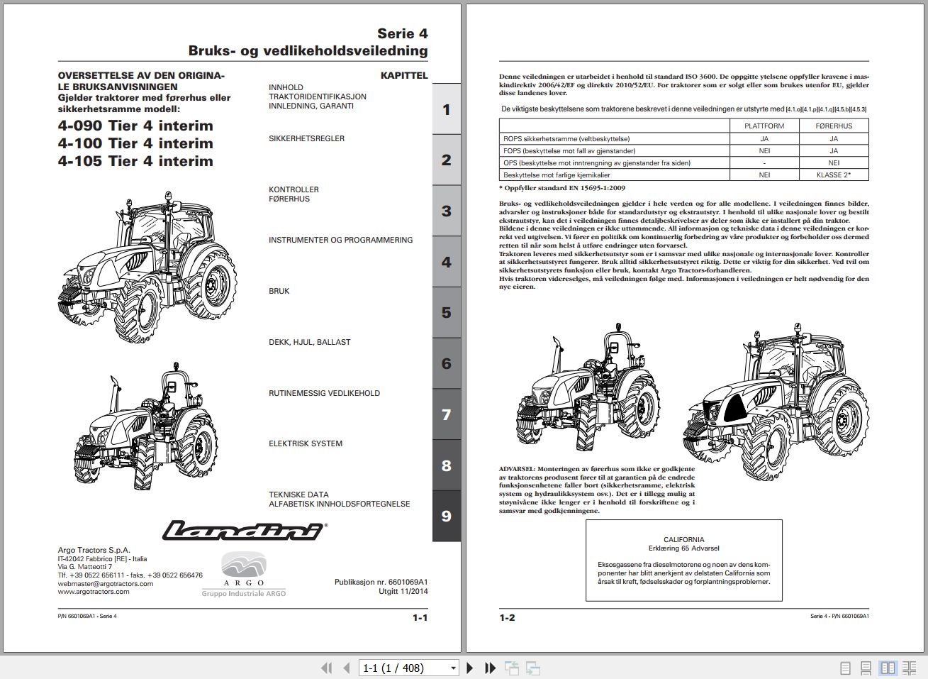 Landini Tractor 4 090 4 100 4 105 Tier4 Operators Maintenance Manual 6601069A1 NO 1