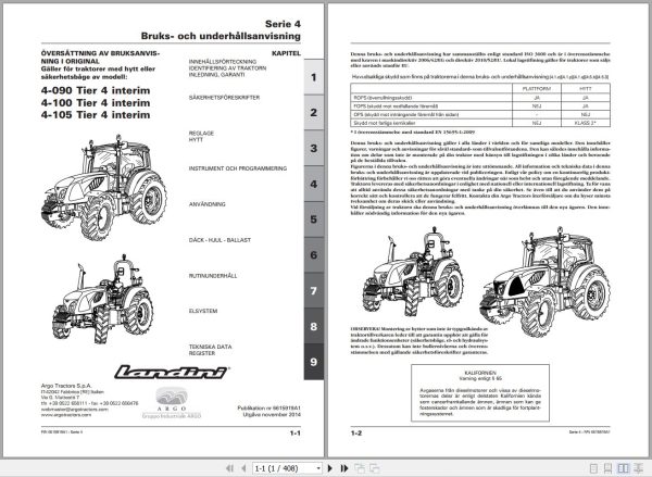 Landini Tractor 4 090 4 100 4 105 Tier4 Operators Maintenance Manual 6615919A1 SV 1
