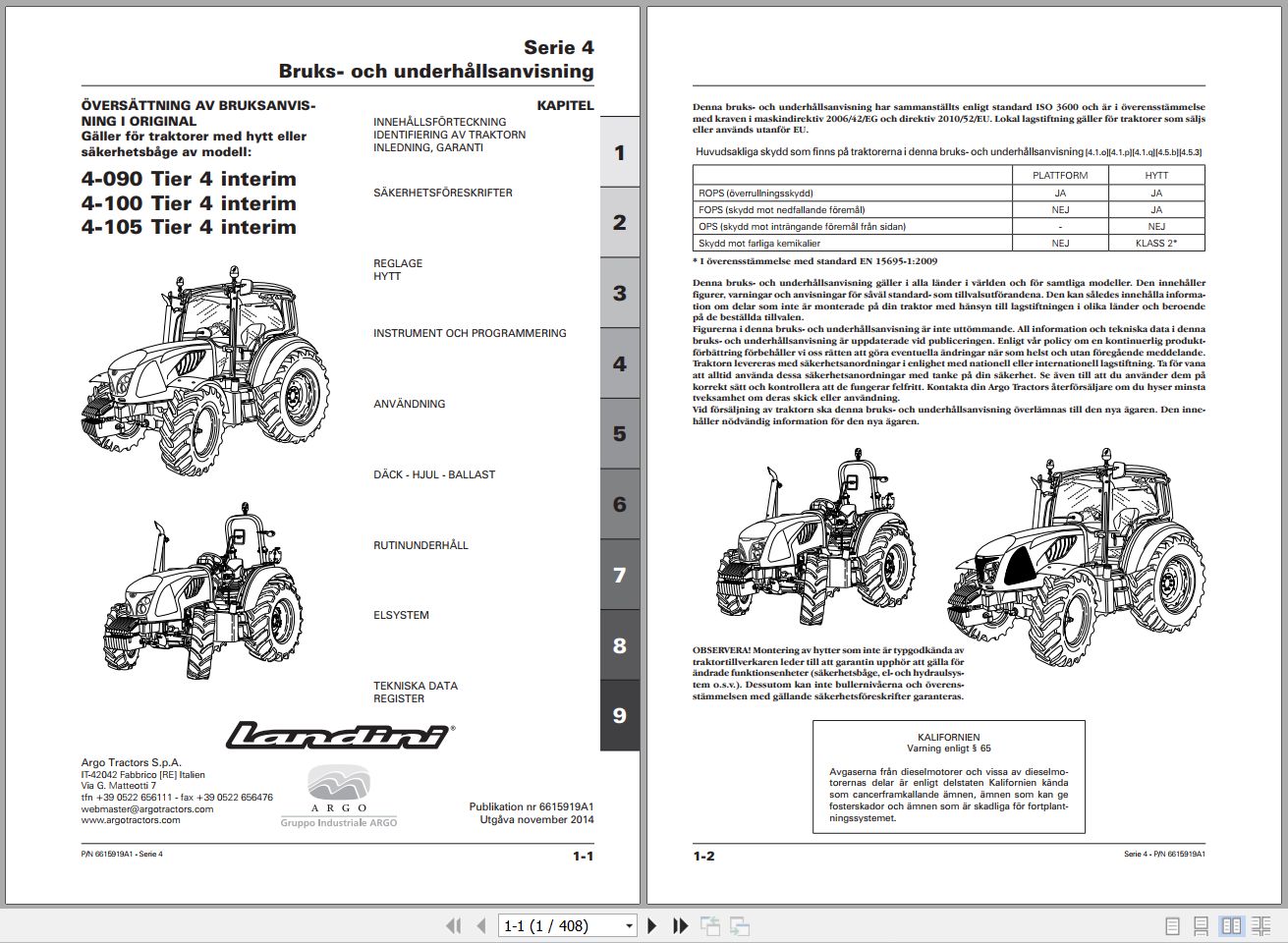 Landini Tractor 4 090 4 100 4 105 Tier4 Operators Maintenance Manual 6615919A1 SV 1