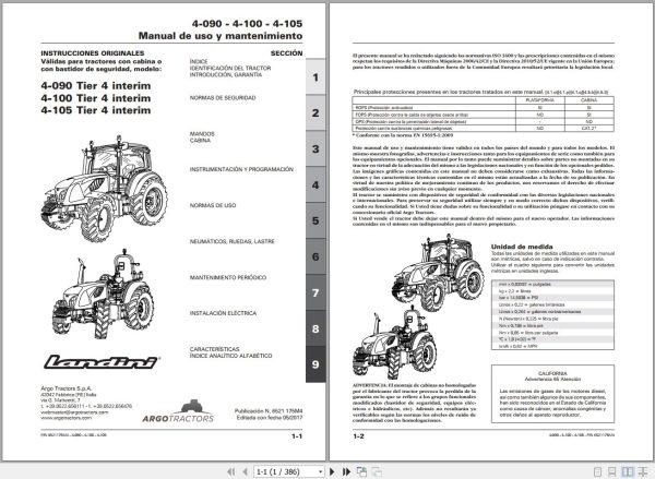 Landini Tractor 4 090 to 4 105 Tier 4 Operators Maintenance Manual 6521175M4 ES 1