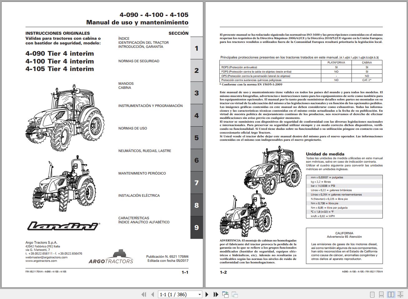 Landini Tractor 4 090 to 4 105 Tier 4 Operators Maintenance Manual 6521175M4 ES 1