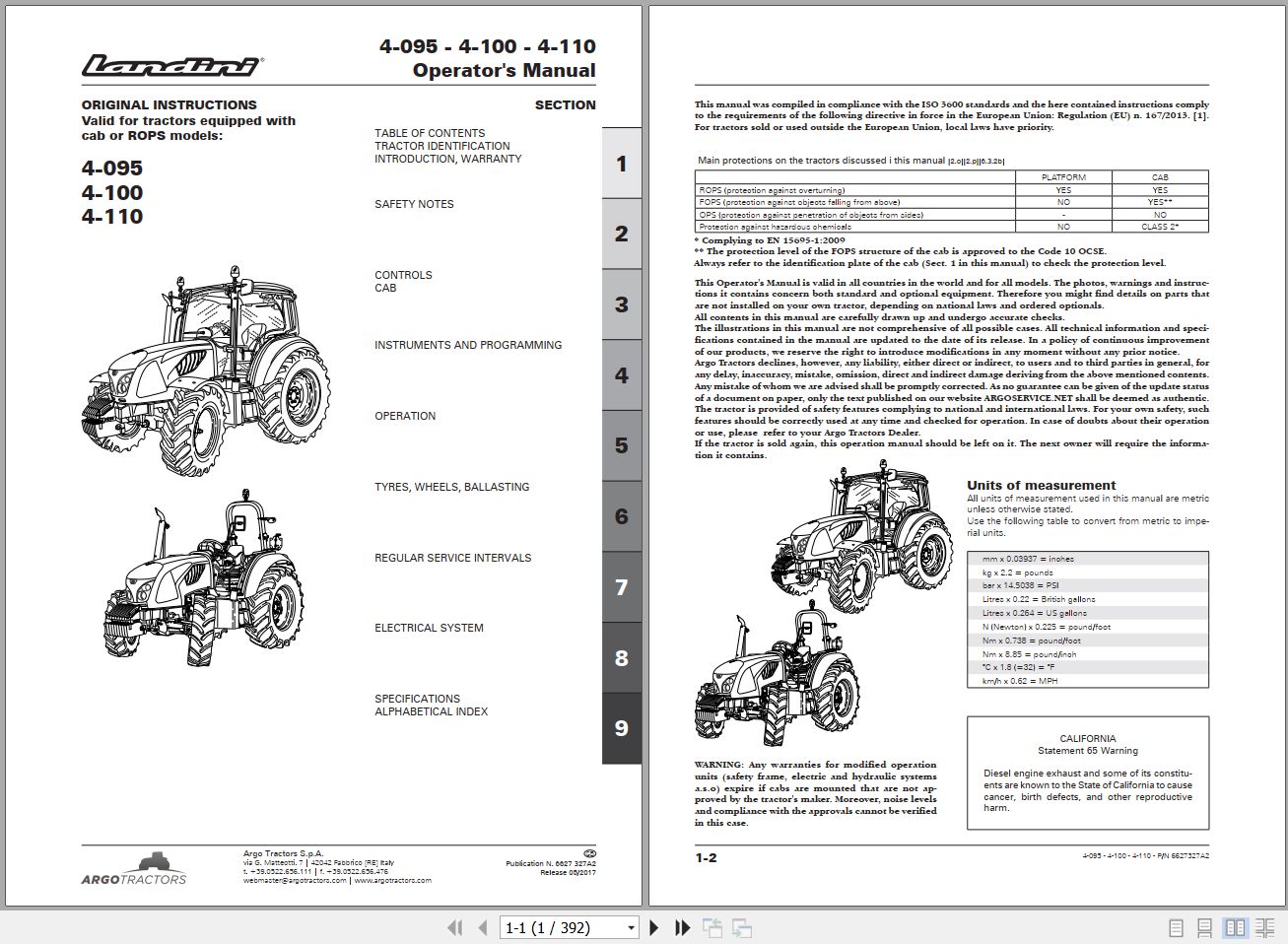 Landini Tractor 4 095 4 100 4 110 Operators Maintenance Manual 6627327A2 EN 1