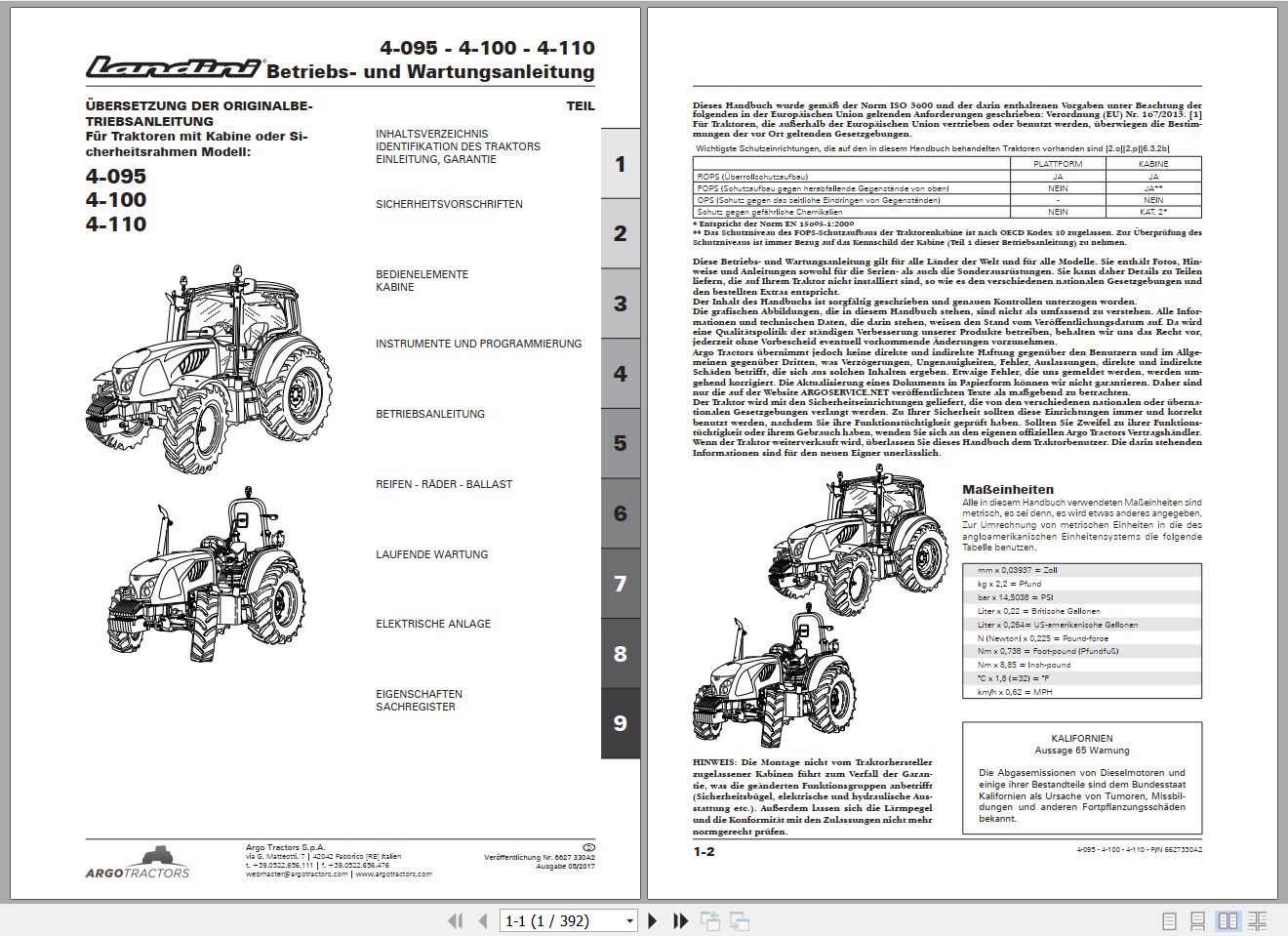 Landini Tractor 4 095 4 100 4 110 Operators Maintenance Manual 6627330A2 DE 1