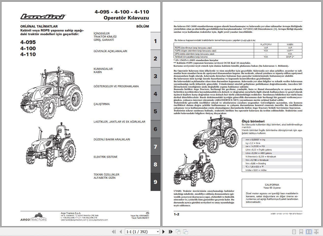 Landini Tractor 4 095 4 100 4 110 Operators Maintenance Manual 6701540A1 TR 1