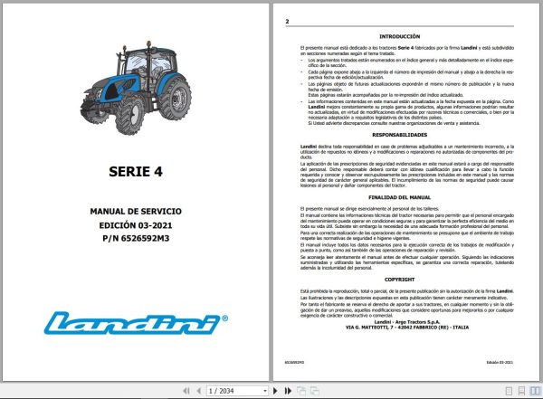 Landini Tractor 4 Series 4 060 to 4 105 Service Manual 6526592M3 ES 1