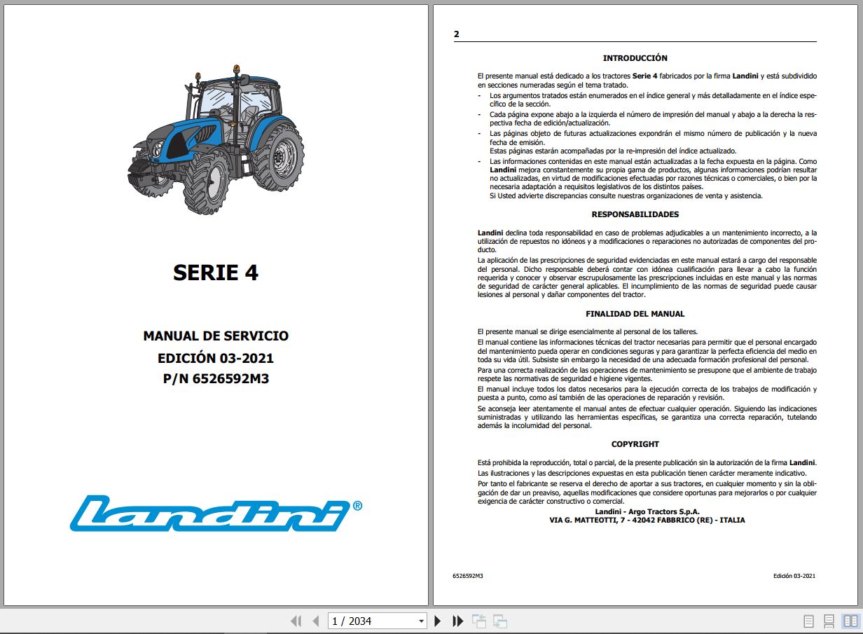 Landini Tractor 4 Series 4 060 to 4 105 Service Manual 6526592M3 ES 1