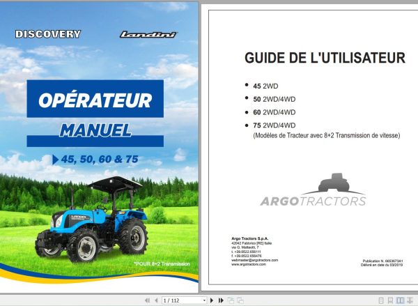 Landini Tractor 45 50 60 75 Operators Maintenance Manual 6653673A1 FR 1