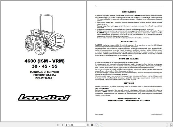 Landini Tractor 4630 4645 4655 ISM VRM Service Manual 6621066A1 IT 1