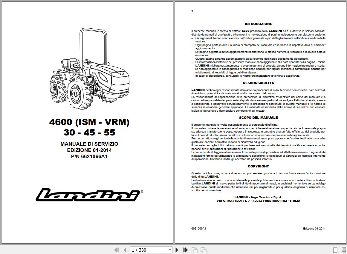 Landini Tractor 4630 4645 4655 ISM VRM Service Manual 6621066A1 IT 1