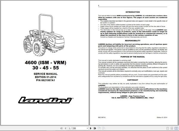 Landini Tractor 4630 4645 4655 ISM VRM Service Manual 6621067A1 EN 1