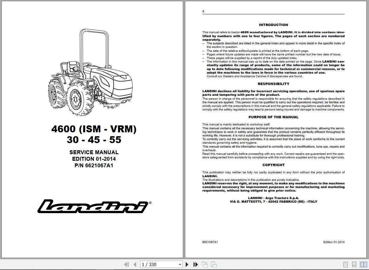 Landini Tractor 4630 4645 4655 ISM VRM Service Manual 6621067A1 EN 1