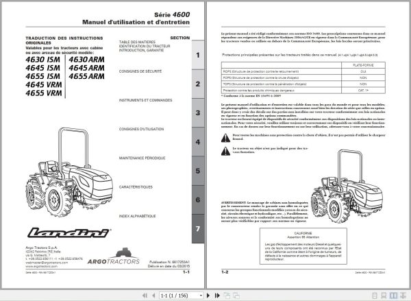 Landini Tractor 4630 ISM to 4655 ARM Operators Maintenance Manual 6617253A1 FR 1