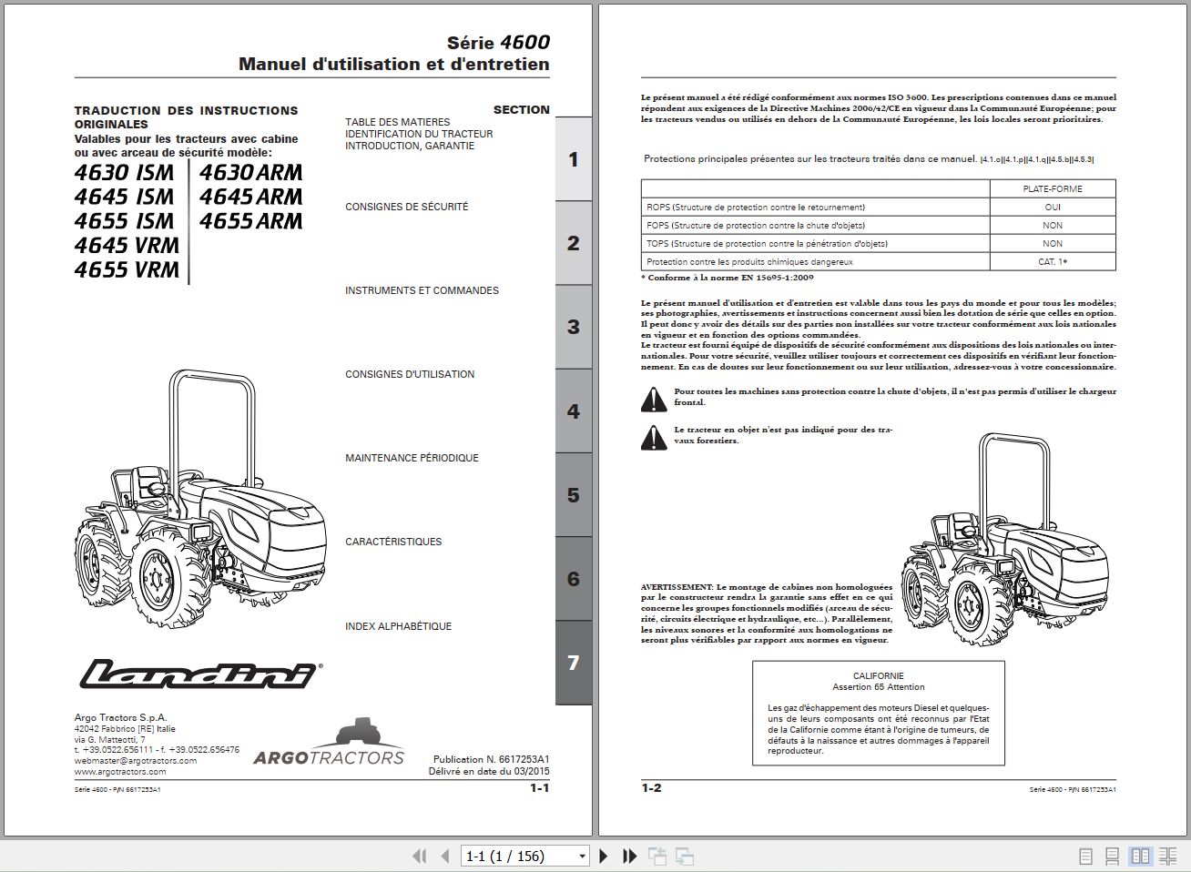 Landini Tractor 4630 ISM to 4655 ARM Operators Maintenance Manual 6617253A1 FR 1