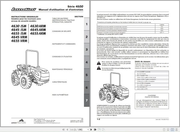Landini Tractor 4630 ISM to 4655 ARM Operators Maintenance Manual 6631973A2 FR 1