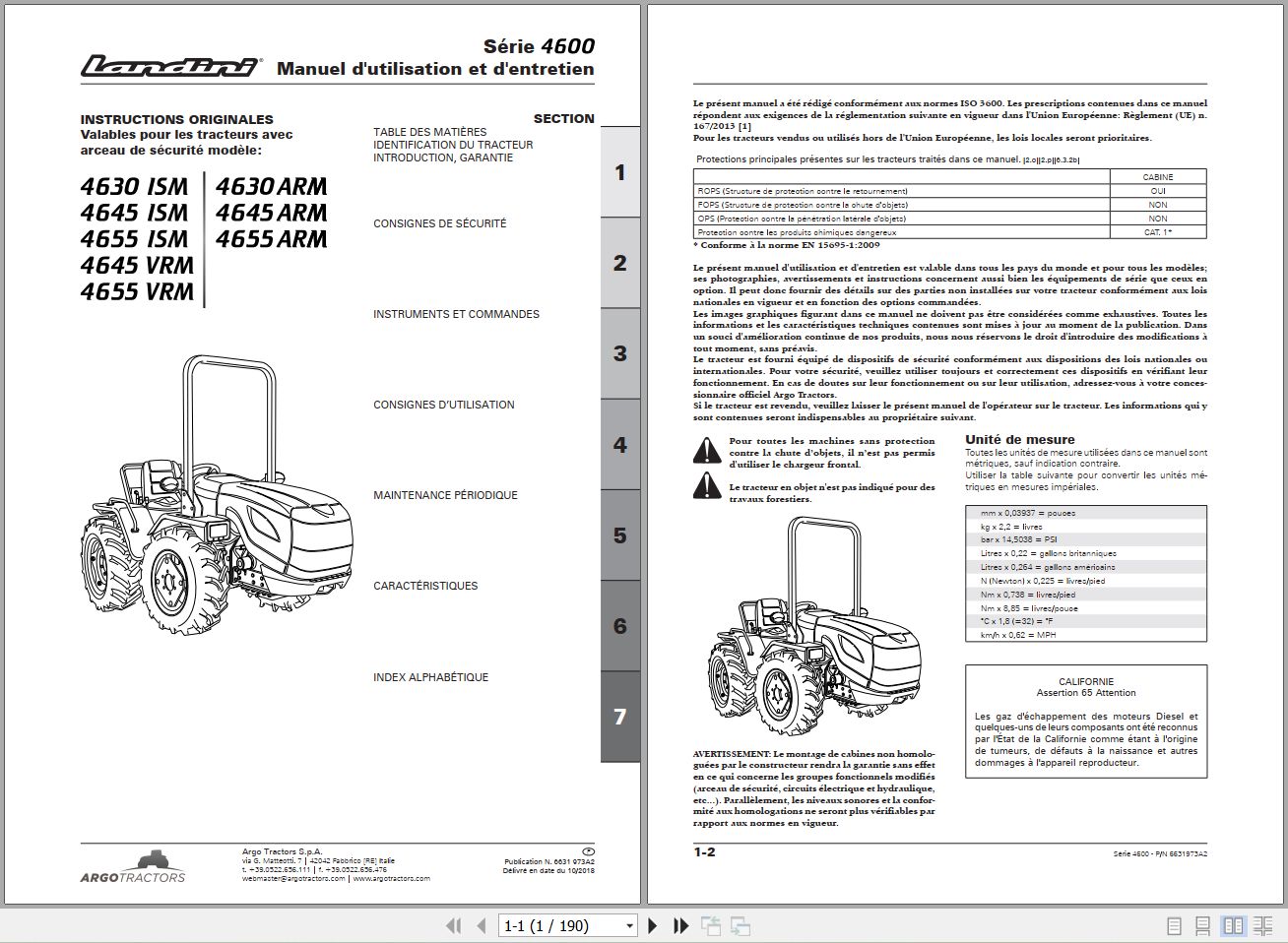 Landini Tractor 4630 ISM to 4655 ARM Operators Maintenance Manual 6631973A2 FR 1