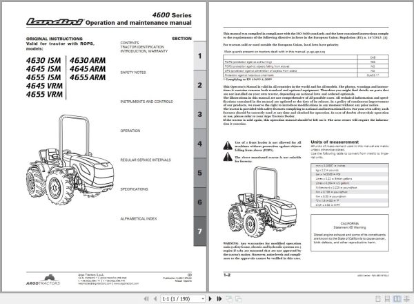 Landini Tractor 4630 ISM to 4655 ARM Operators Maintenance Manual 6631976A2 EN 1