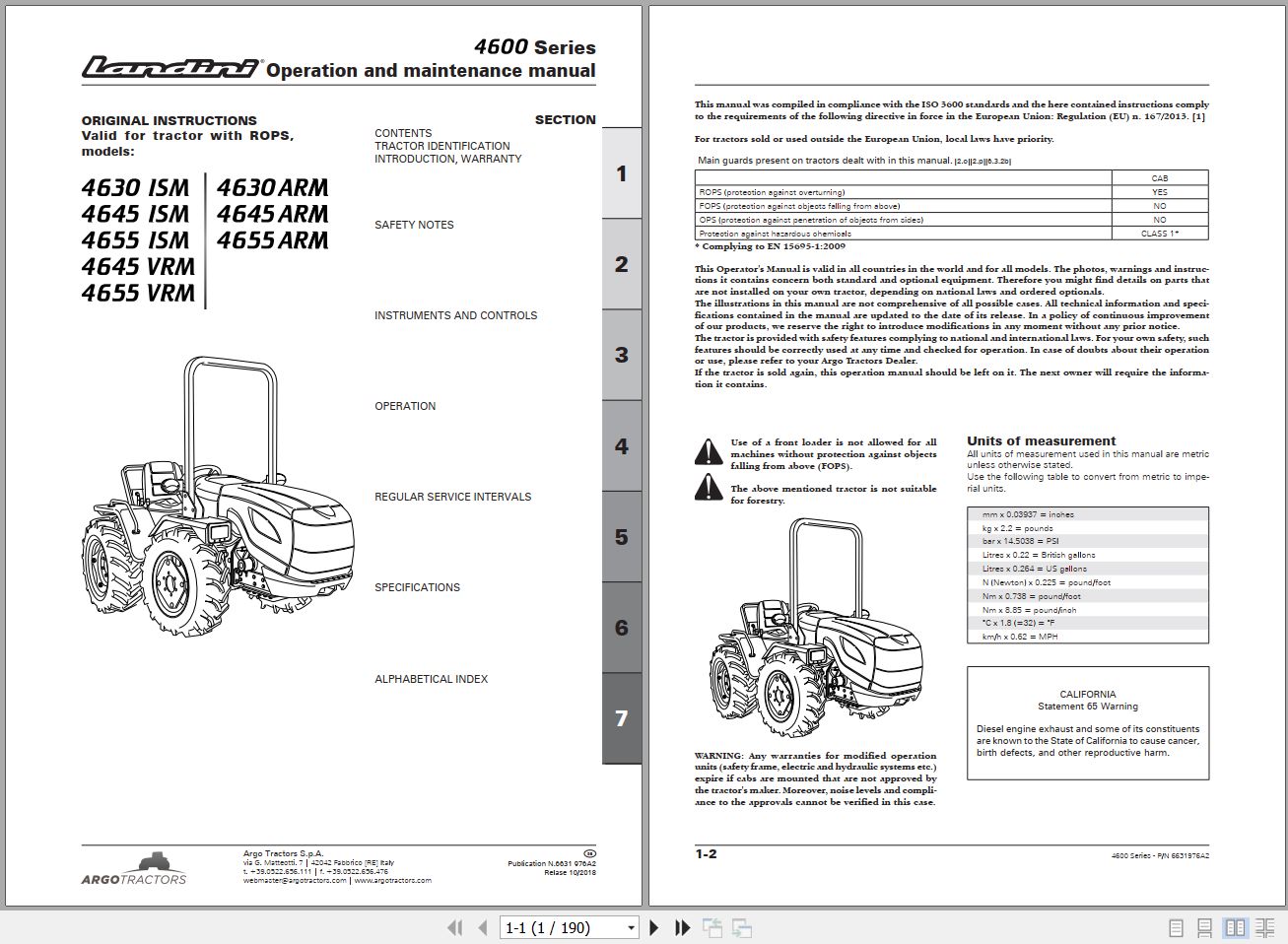 Landini Tractor 4630 ISM to 4655 ARM Operators Maintenance Manual 6631976A2 EN 1