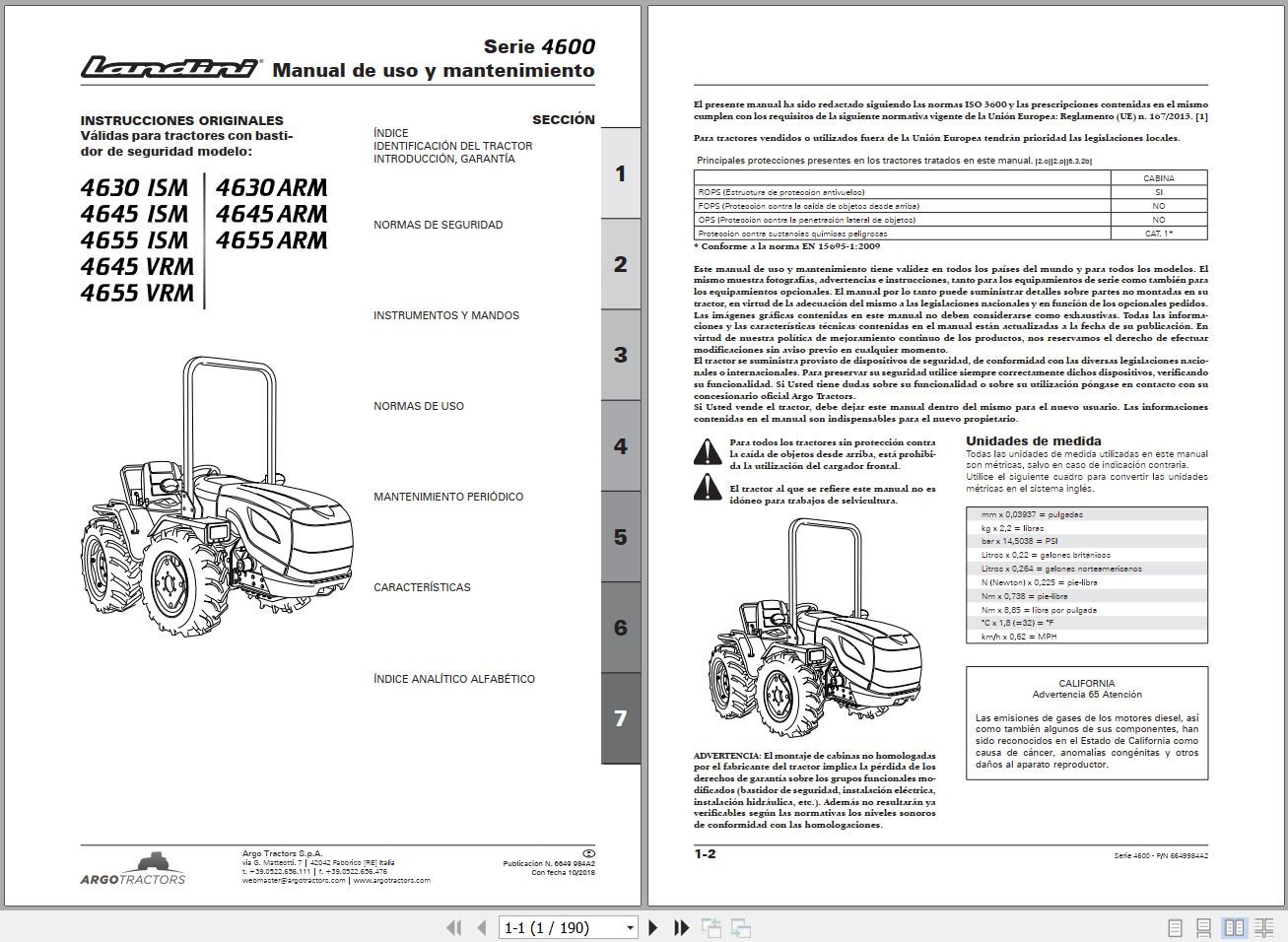 Landini Tractor 4630 ISM to 4655 ARM Operators Maintenance Manual 6649984A2 ES 1