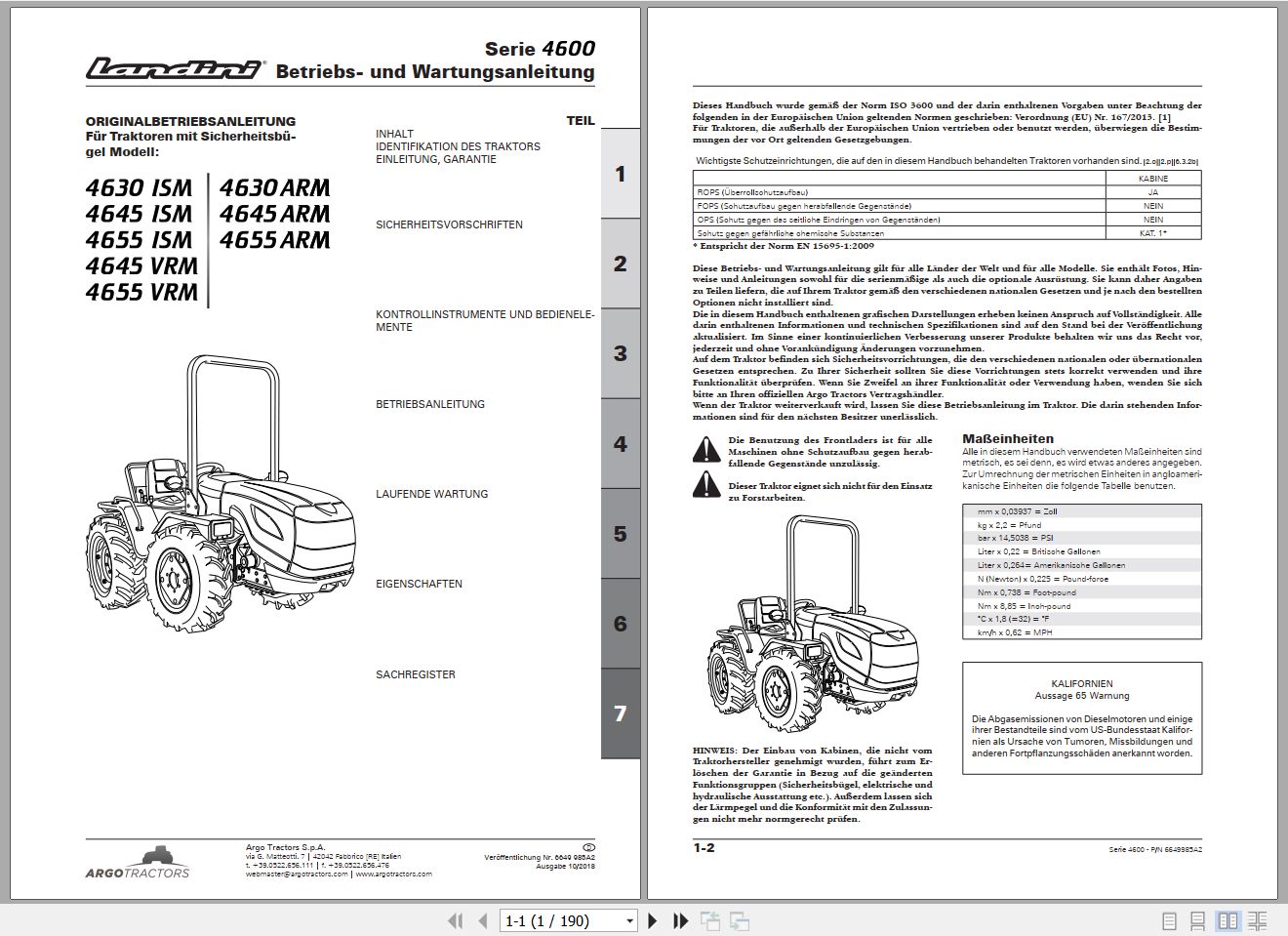 Landini Tractor 4630 ISM to 4655 ARM Operators Maintenance Manual 6649985A2 DE 1