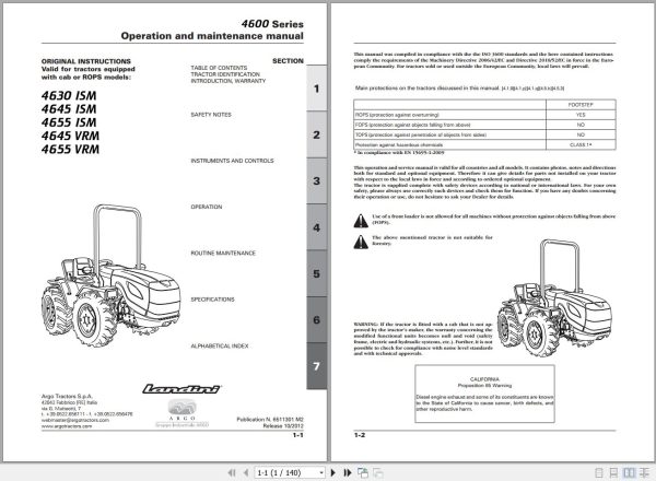 Landini Tractor 4630 ISM to 4655 VRM Operators Maintenance Manual 6511301M2 EN 1