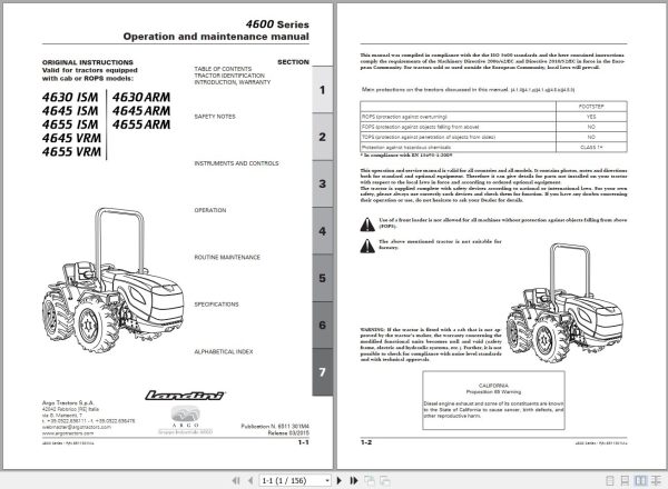 Landini Tractor 4630 ISM to 4655 VRM Operators Maintenance Manual 6511301M4 EN 1
