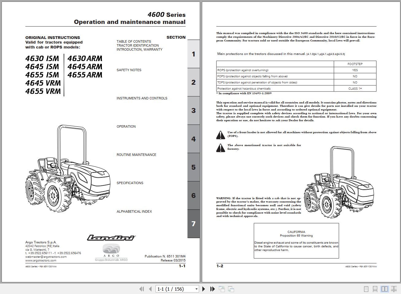 Landini Tractor 4630 ISM to 4655 VRM Operators Maintenance Manual 6511301M4 EN 1