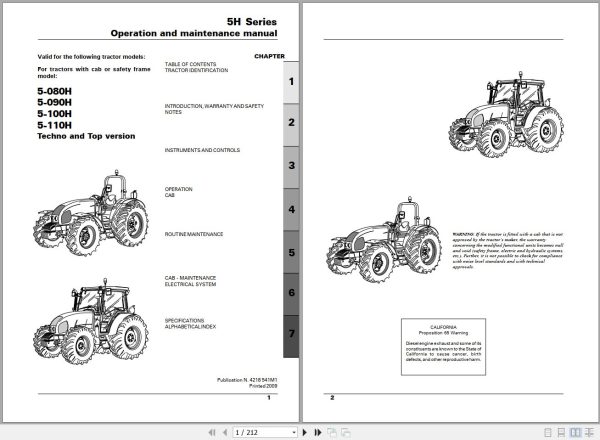 Landini Tractor 5 080H to 5 110H Operators Maintenance Manual 4218541M1 EN 1