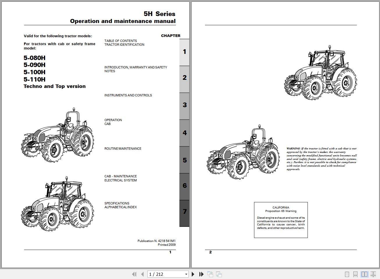 Landini Tractor 5 080H to 5 110H Operators Maintenance Manual 4218541M1 EN 1
