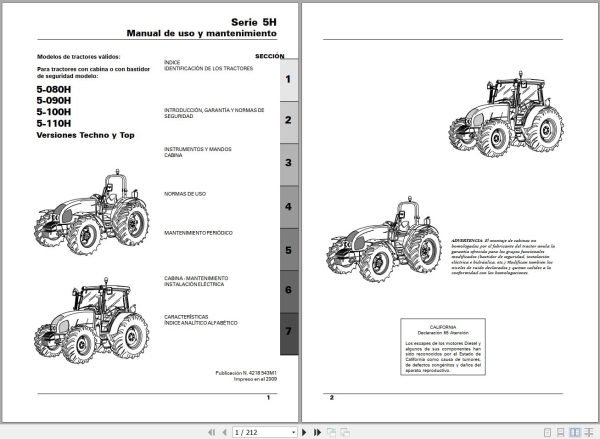 Landini Tractor 5 080H to 5 110H Operators Maintenance Manual 4218543M1 ES 1