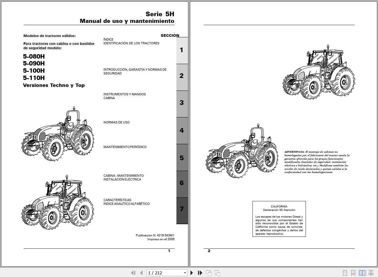 Landini Tractor 5 080H to 5 110H Operators Maintenance Manual 4218543M1 ES 1