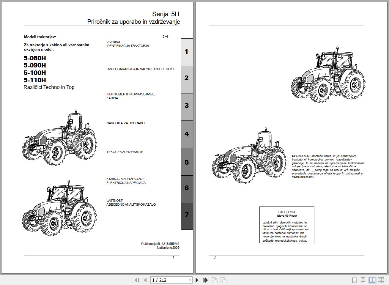 Landini Tractor 5 080H to 5 110H Operators Maintenance Manual 4218555M1 SL 1