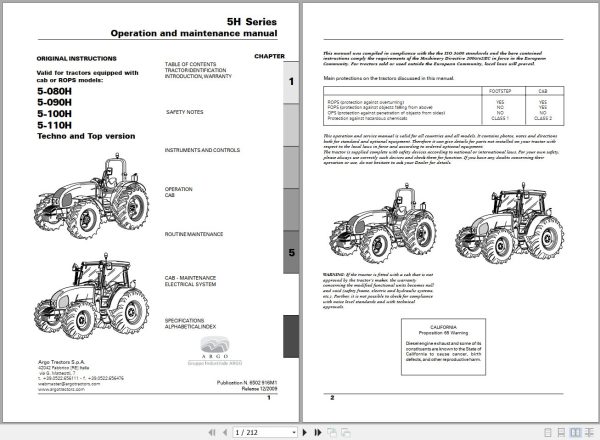Landini Tractor 5 080H to 5 110H Operators Maintenance Manual 6502916M1 EN 1