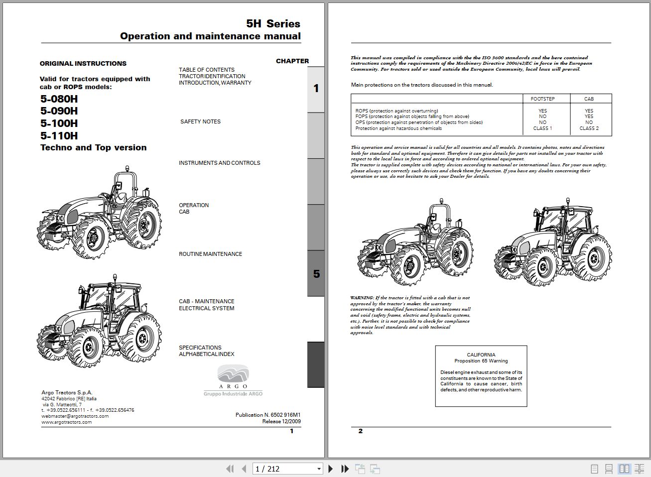 Landini Tractor 5 080H to 5 110H Operators Maintenance Manual 6502916M1 EN 1