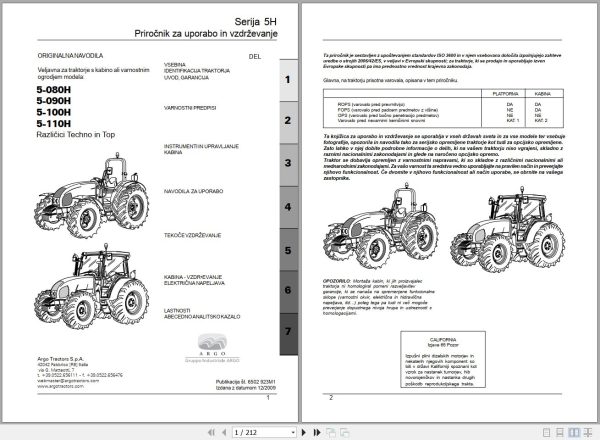 Landini Tractor 5 080H to 5 110H Operators Maintenance Manual 6502923M1 SL 1