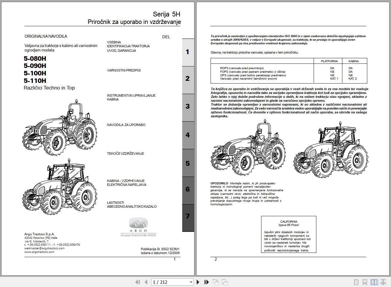 Landini Tractor 5 080H to 5 110H Operators Maintenance Manual 6502923M1 SL 1