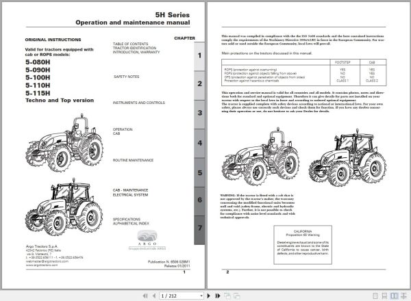Landini Tractor 5 080H to 5 110H Operators Maintenance Manual 6506028M1 EN 1