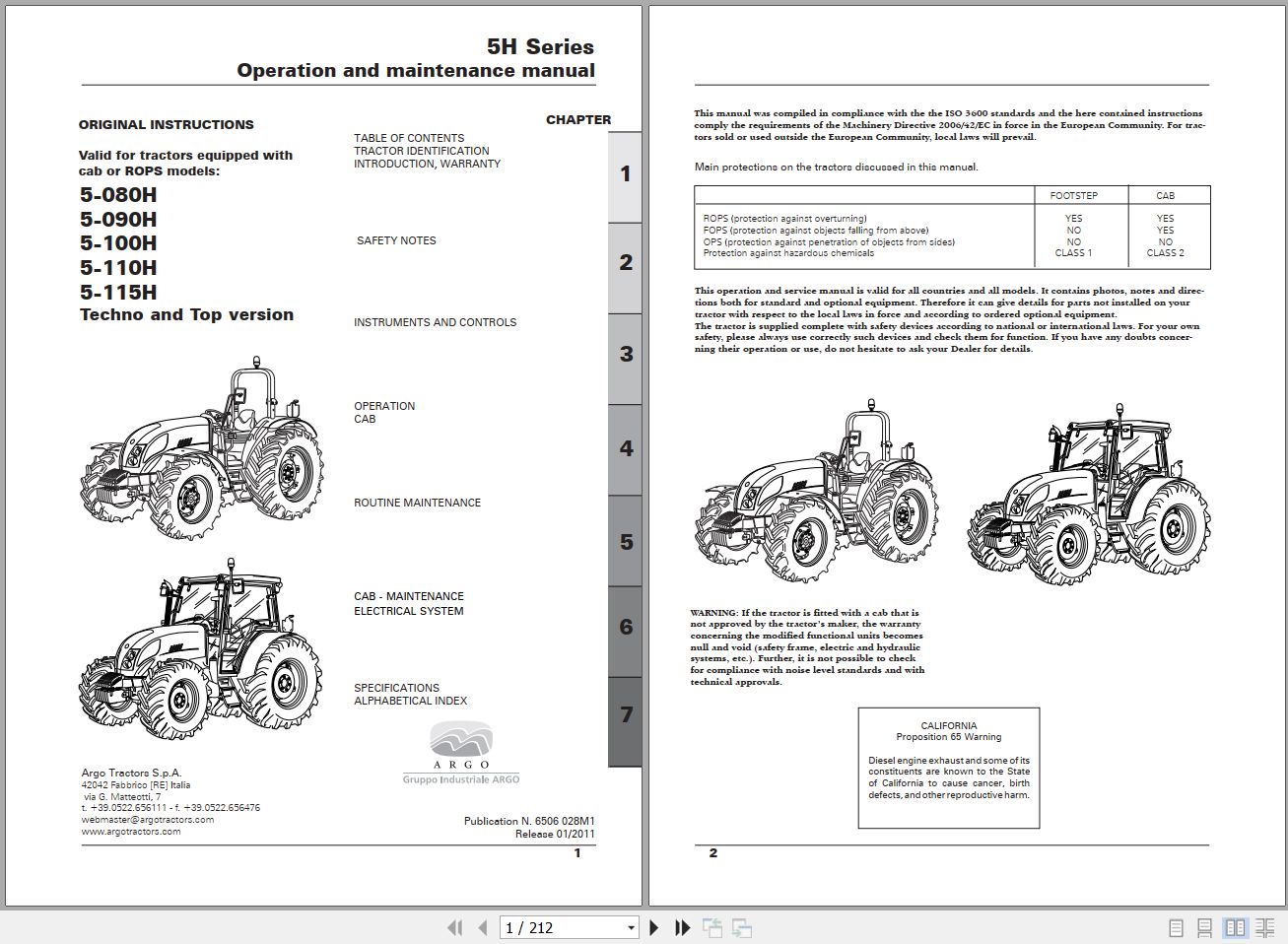 Landini Tractor 5 080H to 5 110H Operators Maintenance Manual 6506028M1 EN 1