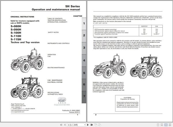 Landini Tractor 5 080H to 5 110H Operators Maintenance Manual 6506028M2 EN 1