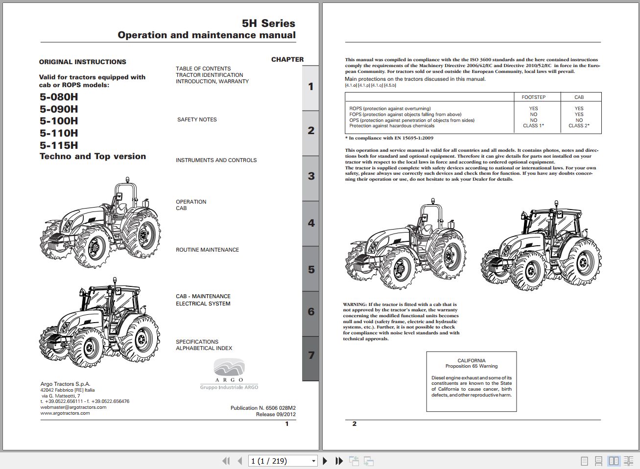 Landini Tractor 5 080H to 5 110H Operators Maintenance Manual 6506028M2 EN 1