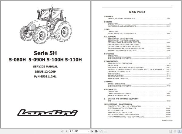 Landini Tractor 5 080H to 5 110H Service Manual 6503112M1 EN 1