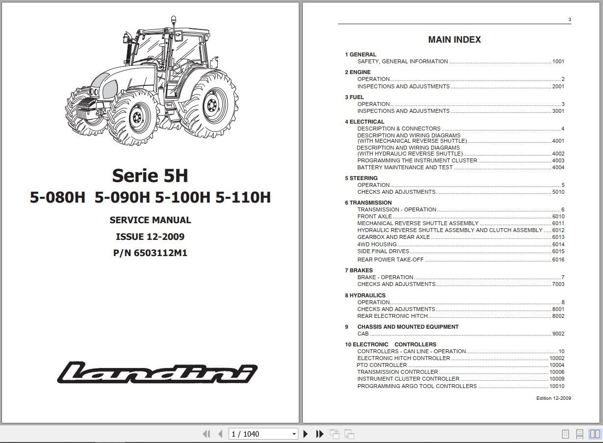 Landini Tractor 5 080H to 5 110H Service Manual 6503112M1 EN 1