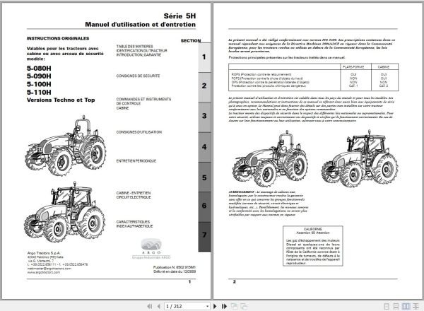 Landini Tractor 5 080H to 5 110H Techno And Top Operators Maintenance Manual 6502915M1 FR 1