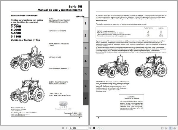 Landini Tractor 5 080H to 5 110H Techno And Top Operators Maintenance Manual 6502917M1 ES 1