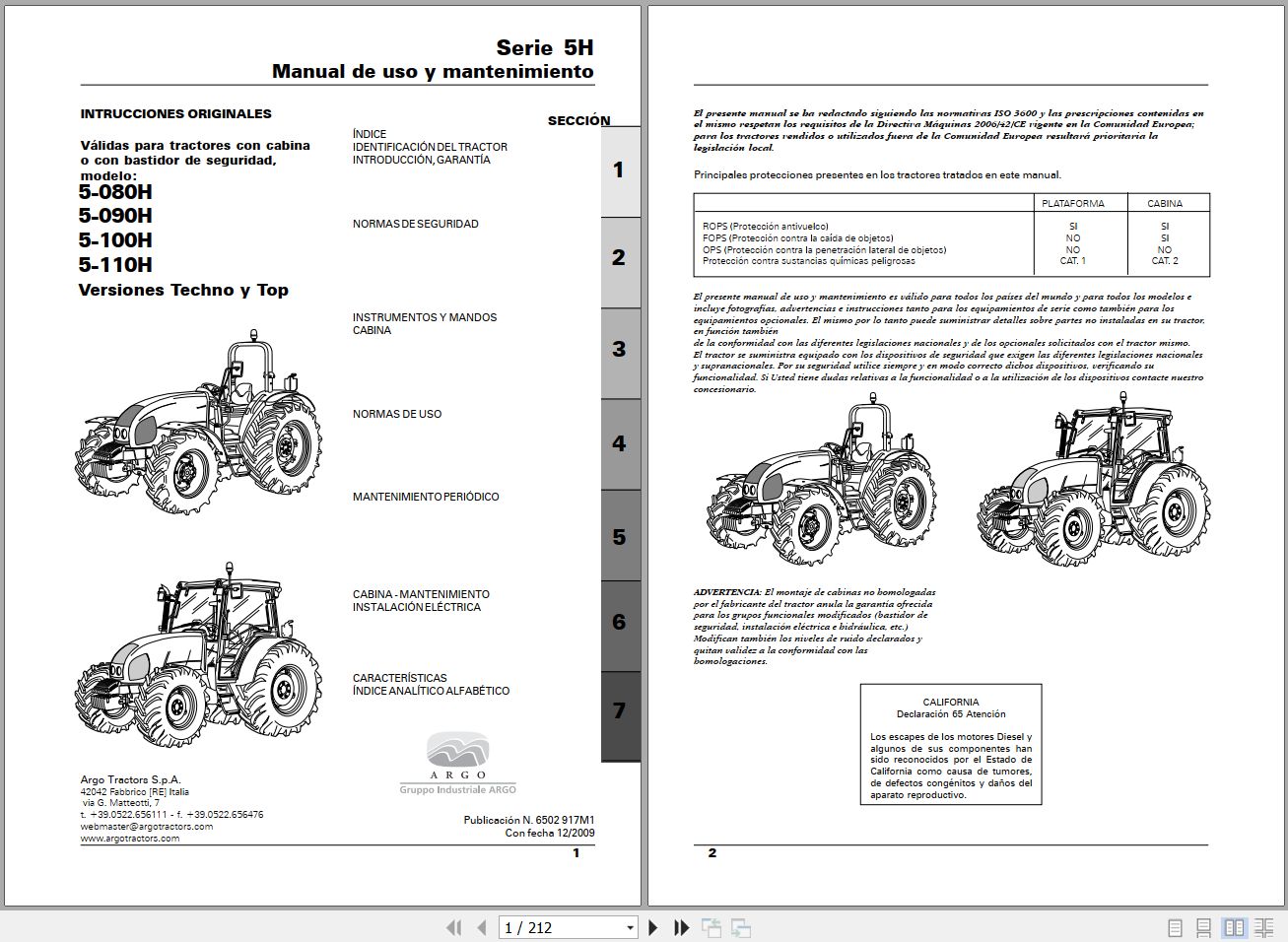 Landini Tractor 5 080H to 5 110H Techno And Top Operators Maintenance Manual 6502917M1 ES 1