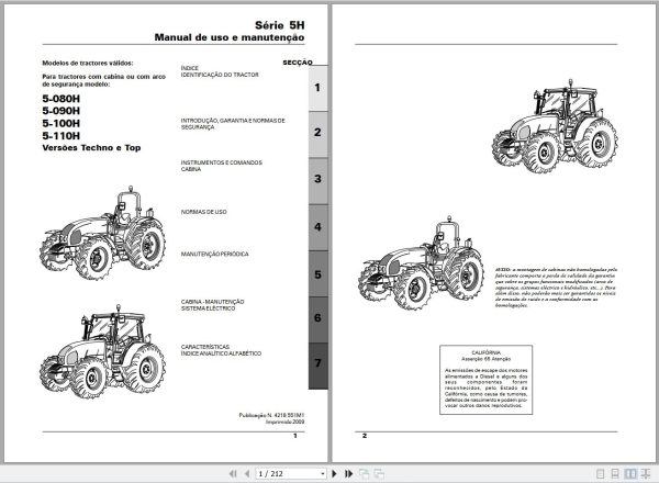Landini Tractor 5 080H to 5 110H Techno Top Operators Maintenance Manual 4218551M1 PT 1
