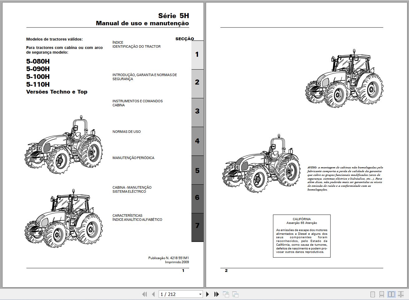 Landini Tractor 5 080H to 5 110H Techno Top Operators Maintenance Manual 4218551M1 PT 1