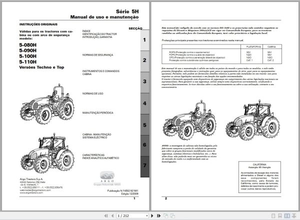 Landini Tractor 5 080H to 5 110H Techno Top Operators Maintenance Manual 6502921M1 PT 1